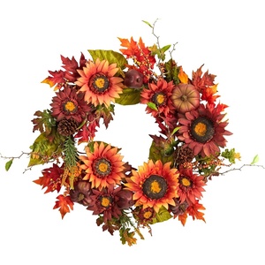 image:imageNearly Natural 24in Autumn Sunflower Pumpkin Pinecone and Berries Fall Artificial Wreath
