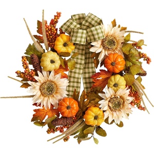 image:imageNearly Natural 24in Fall Pumpkin Sunflower Artificial Autumn Wreath with Decorative Ribbon