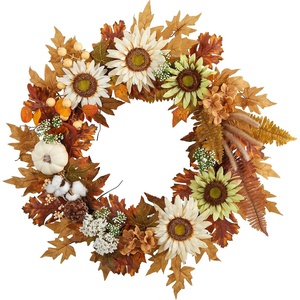 image:imageNearly Natural 30in Autumn Sunflower White Pumpkin and Berries Artificial Fall Wreath