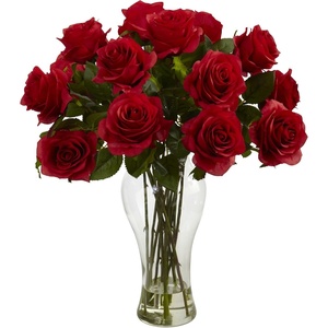 image:imageNearly Natural Blooming Roses with Vase 18 x 13Red