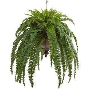 image:imageNearly Natural 39in Boston Fern Artificial Plant in Metal Hanging Bowl