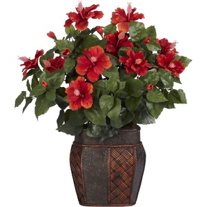 image:imageNearly Natural 6667 Hibiscus with Vase Decorative Silk Plant Red 24 x 24 x 19