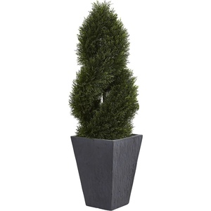 image:imageNearly Natural 4ft Cypress Double Spiral Topiary Artificial Tree in Slate Planter UV Resistant IndoorOutdoor